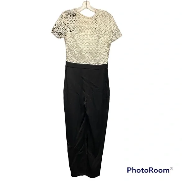 Karina Grimaldi | Lace Crochet Jumpsuit In White And Black Size M - Picture 1 of 7